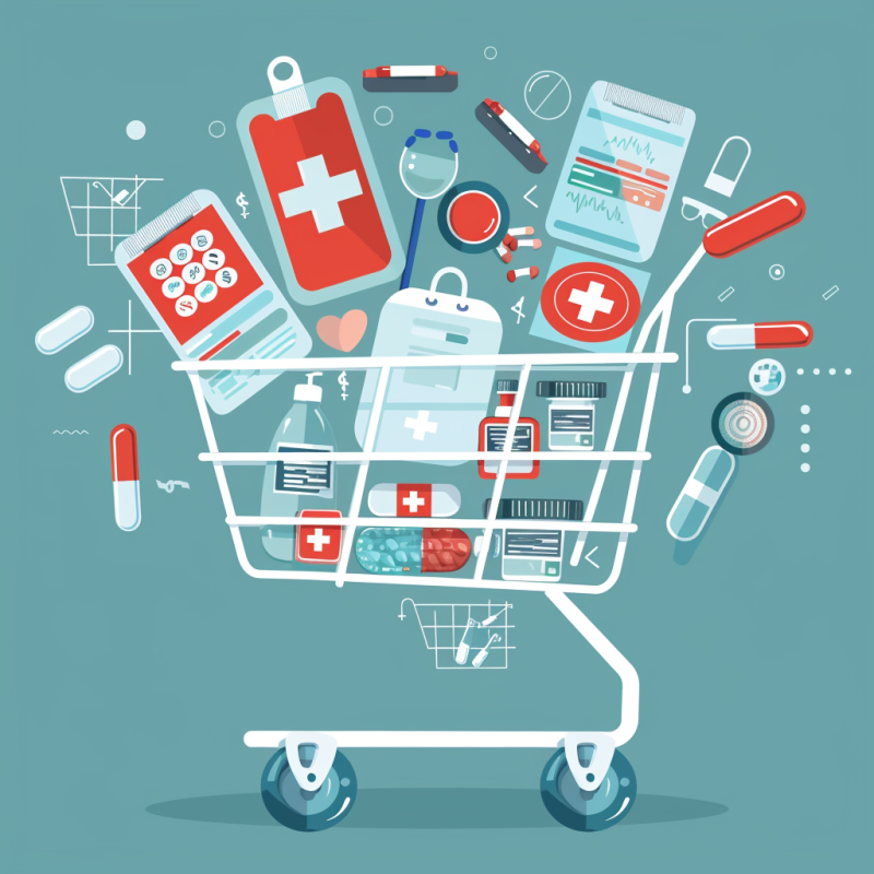 shopping cart with medicine and medical equipment