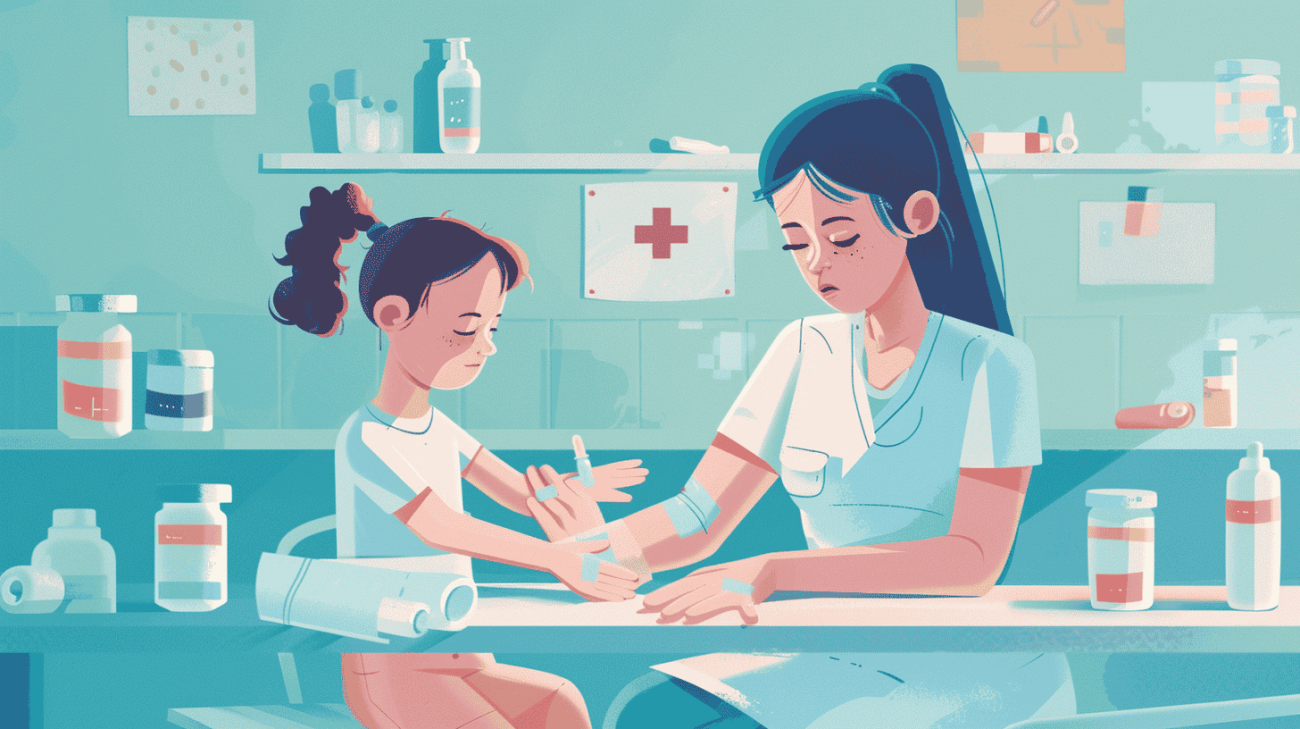 a woman treating the wounded hand of a girl